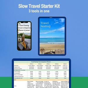 May include: A digital Slow Travel Starter Kit featuring three tools: a smartphone displaying a Travel Nesting Dream-to-Departure Planner & Journal, a tablet showing a Travel Nesting cover page, and a laptop screen with a Trip Comparison Planner.