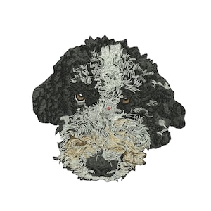 May include: An embroidered patch featuring the head of a dog with curly black and white fur. The design includes a white blaze running down the center of the face, brown eyes, and a black nose, rendered with detailed thread work on a white background.