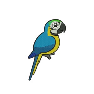 May include: An embroidered patch featuring a cartoon macaw parrot with a blue back, yellow chest, and green head accents. The bird has a large white eye, a black beak, and a black outline, rendered in a flat, stylized design on a white background.