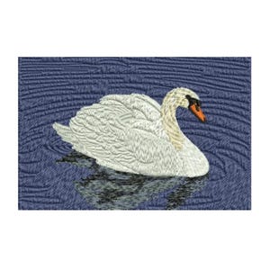May include: An embroidered patch featuring a white swan with an orange beak floating on dark blue water. The design uses detailed stitching to create texture on the swan's feathers and the rippling water surface, capturing a realistic scene.