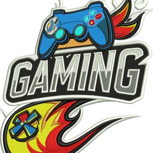 May include: An embroidered patch featuring a blue video game controller above the word GAMING in bold white letters with a black outline. Below the text is a yellow circular shape with a blue and yellow cross icon, surrounded by red and yellow flames.