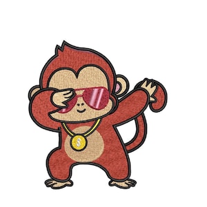 Puede incluir: Un parche bordado que muestra a un mono rojo realizando una pose de dab. El mono lleva gafas de sol tintadas de rojo y una cadena de color dorado con un colgante circular que muestra un signo de dólar. El diseño tiene un borde negro grueso.