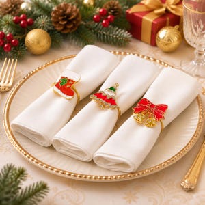 Christmas Napkin Rings, Gold Holiday Table Decor, Xmas Stocking Tree Bow Napkin Holder for Wedding Dinner Party Christmas Table Decorations