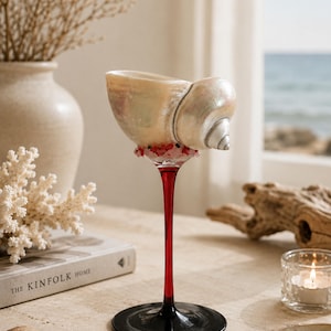 Natural Pearl Conch Shell Goblet with Red Stem - Handmade Seashell Wine Glass, Red Agate Beaded Chalice, Black Base Coastal Dinner Tableware