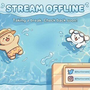 May include: A digital illustration featuring a light blue swimming pool with a tan bear wearing a hat and swim trunks, a white dog with goggles, a beach ball, and a flamingo float. Text reads STREAM OFFLINE and Taking a break. Check back soon!