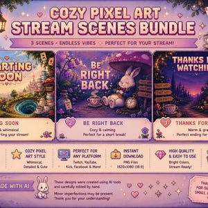 May include: A digital bundle of three pixel art stream scenes featuring a rabbit character in a fantasy forest setting. The text includes COZY PIXEL ART STREAM SCENES BUNDLE, STARTING SOON, BE RIGHT BACK, and THANKS FOR WATCHING, with purple and pink tones.
