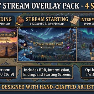 Pode incluir: Um pacote de sobreposições de stream de fantasia com quatro telas de pixel art 1920x1080 para Twitch e OBS. O conjunto inclui telas de fim de stream, início e intervalo com ilustrações detalhadas de cavaleiros e paisagens.