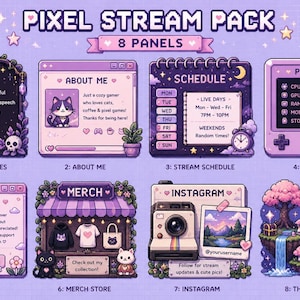 Puede incluir: Un paquete de streaming en pixel art digital que incluye ocho paneles de color púrpura etiquetados como Rules, About Me, Schedule, PC Specs, Donate, Merch, Instagram y Thanks. Cada panel contiene iconos pixelados, texto y elementos decorativos como gatos, plantas y paisajes.
