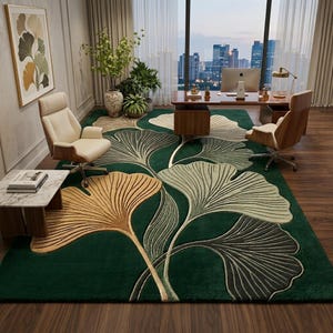 Hand Tufted Ginkgo Leaf Rug, Botanical Wool Area Rug, Green Floral Rug, Nature Inspired Rug, Modern Organic Home Decor, Luxury Statement rug