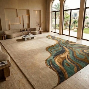 Hand Tufted Abstract Rug, Modern Organic Wave Rug, Contemporary Wool Area Rug, Green Gold Blue Designer Carpet, Luxury Statement Home Decor