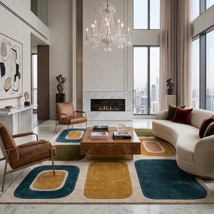 May include: A large area rug featuring a geometric pattern of rounded rectangles in shades of teal, mustard yellow, and tan on a cream background, positioned in a living room with a burl wood coffee table, leather armchairs, and a curved sofa.