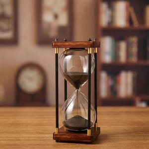 May include: An hourglass featuring a clear glass bulb filled with fine black sand. The frame consists of a dark brown wooden base and top, connected by four slender black metal pillars with small gold-toned accents at the top and bottom joints.