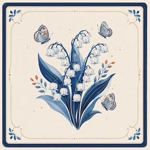 May include: A square decorative tile featuring a central illustration of white lily of the valley flowers with deep blue leaves and stems. Three butterflies with blue and orange patterned wings surround the flowers. The background is cream with a thin gold border.