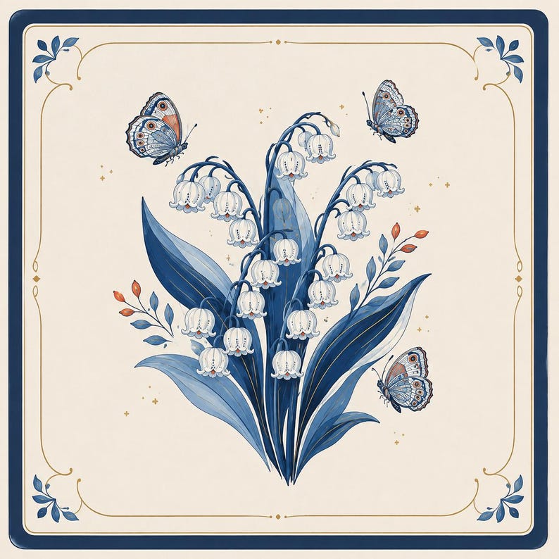 May include: A square decorative tile featuring a central illustration of white lily of the valley flowers with deep blue leaves and stems. Three butterflies with blue and orange patterned wings surround the flowers. The background is cream with a thin gold border.