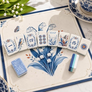 May include: A set of rectangular mahjong tiles featuring blue and white floral patterns, birds, butterflies, and Chinese characters, arranged on a mat decorated with lily of the valley illustrations. Two additional tiles are placed separately.