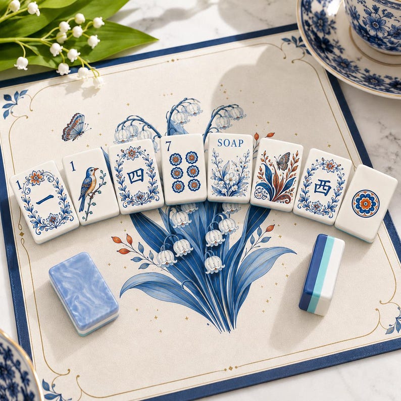 May include: A set of rectangular mahjong tiles featuring blue and white floral patterns, birds, butterflies, and Chinese characters, arranged on a mat decorated with lily of the valley illustrations. Two additional tiles are placed separately.