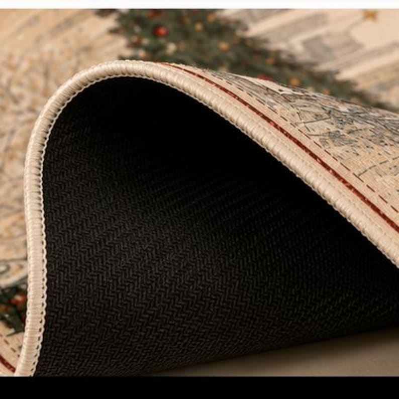 May include: A circular rug with a folded edge revealing a black, textured, non-slip rubber backing. The top surface features a printed Christmas tree design with green foliage, red ornaments, and a cream-colored background with a stitched border.