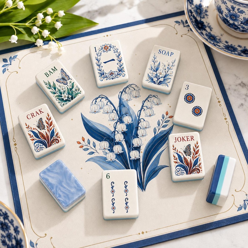 May include: A set of rectangular mahjong tiles with white surfaces featuring blue and green floral, butterfly, and text designs including BAM, SOAP, CRAK, and JOKER, arranged on a mat decorated with a large central illustration of lily of the valley.