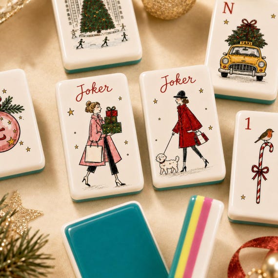 Vintage Christmas Mahjong Set, American Mah Jongg Acrylic Tiles, Red Green Holiday Illustration Design, Unique Gift for Her