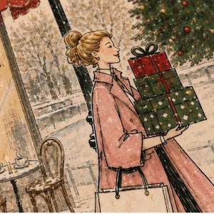 May include: A watercolor-style illustration depicts a person with blonde hair in a bun wearing a pink coat, carrying a stack of three wrapped gifts in red and green paper. The scene includes a cafe table with a cup and a decorated Christmas tree.