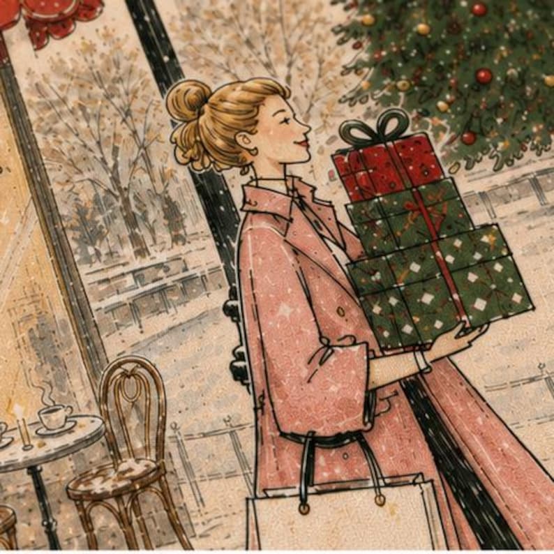 May include: A watercolor-style illustration depicts a person with blonde hair in a bun wearing a pink coat, carrying a stack of three wrapped gifts in red and green paper. The scene includes a cafe table with a cup and a decorated Christmas tree.