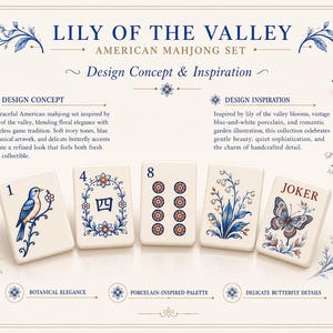 May include: An American Mahjong set titled Lily of the Valley, featuring ivory-colored tiles with blue and orange botanical, bird, and butterfly illustrations. The display includes text describing the design concept and inspiration for the set.