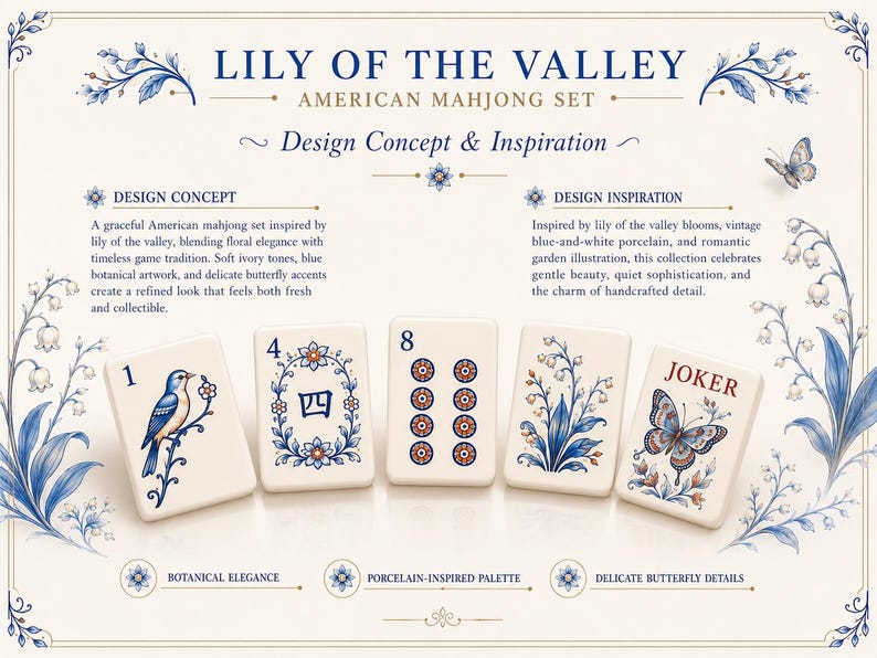 May include: An American Mahjong set titled Lily of the Valley, featuring ivory-colored tiles with blue and orange botanical, bird, and butterfly illustrations. The display includes text describing the design concept and inspiration for the set.