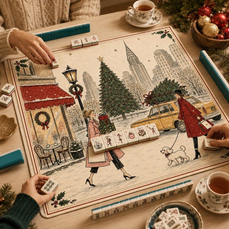 May include: A square mahjong mat featuring a festive New York City winter scene with a Christmas tree, a yellow taxi, and a person walking a dog. The mat includes a row of mahjong tiles with holiday-themed illustrations placed across the center.