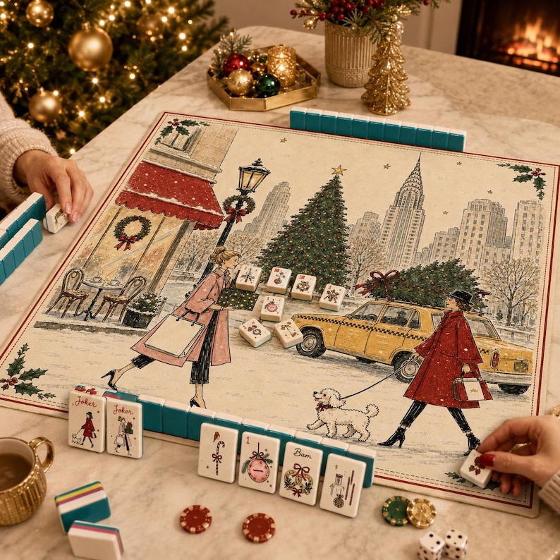 May include: A Mahjong game set featuring a board with a vintage-style New York City holiday illustration, including a yellow taxi, a Christmas tree, and two figures in winter coats. The set includes teal tiles, white tiles with festive graphics, and dice.