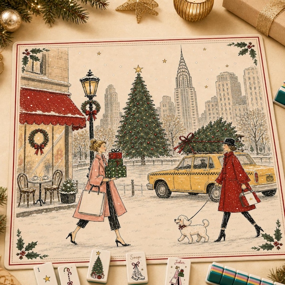 Vintage Christmas Mahjong Mat, American Mahjong Table Mat, New York City Holiday Illustration, Winter Game Night Gift for Mahjong Lovers