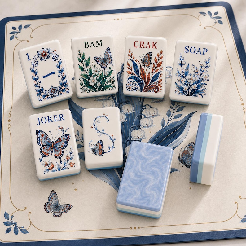 May include: A set of rectangular mahjong tiles featuring white surfaces with blue, green, and red botanical and butterfly illustrations. The tiles display text including 1, BAM, CRAK, SOAP, and JOKER, alongside a tile with a blue marbled pattern.