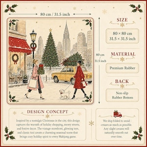 May include: A square mat measuring 31.5 by 31.5 inches, made of premium rubber with a non-slip bottom. The surface features a festive city scene with a Christmas tree, a yellow taxi, two people, a white dog, and a storefront, all in a snowy setting.