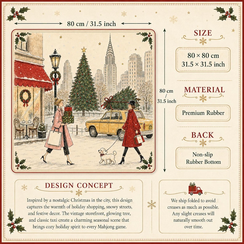 May include: A square mat measuring 31.5 by 31.5 inches, made of premium rubber with a non-slip bottom. The surface features a festive city scene with a Christmas tree, a yellow taxi, two people, a white dog, and a storefront, all in a snowy setting.