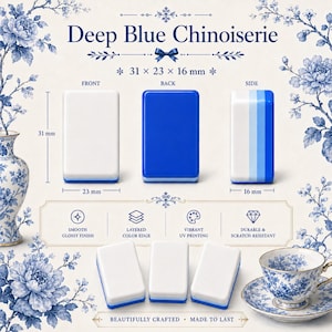 May include: Rectangular tiles labeled Deep Blue Chinoiserie with dimensions 31 x 23 x 16 mm. The tiles feature a smooth white front, a solid blue back, and a layered blue and white side. Includes icons for smooth finish and UV printing.