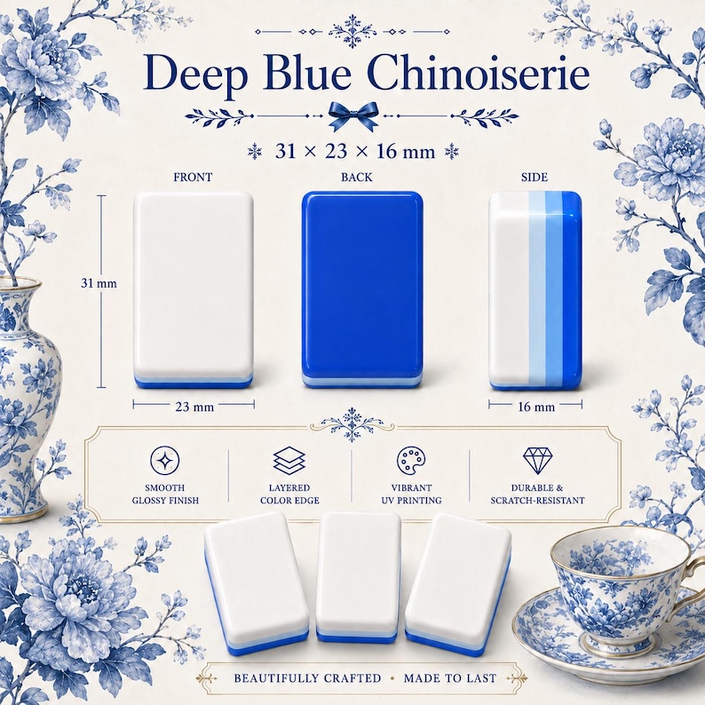May include: Rectangular tiles labeled Deep Blue Chinoiserie with dimensions 31 x 23 x 16 mm. The tiles feature a smooth white front, a solid blue back, and a layered blue and white side. Includes icons for smooth finish and UV printing.