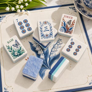 May include: A set of rectangular Mahjong tiles featuring white surfaces with blue, green, and orange floral and butterfly illustrations. Some tiles display the numbers 3, 7, and 8, the word JOKER, or the text BAM, while others show blue marble or striped patterns.