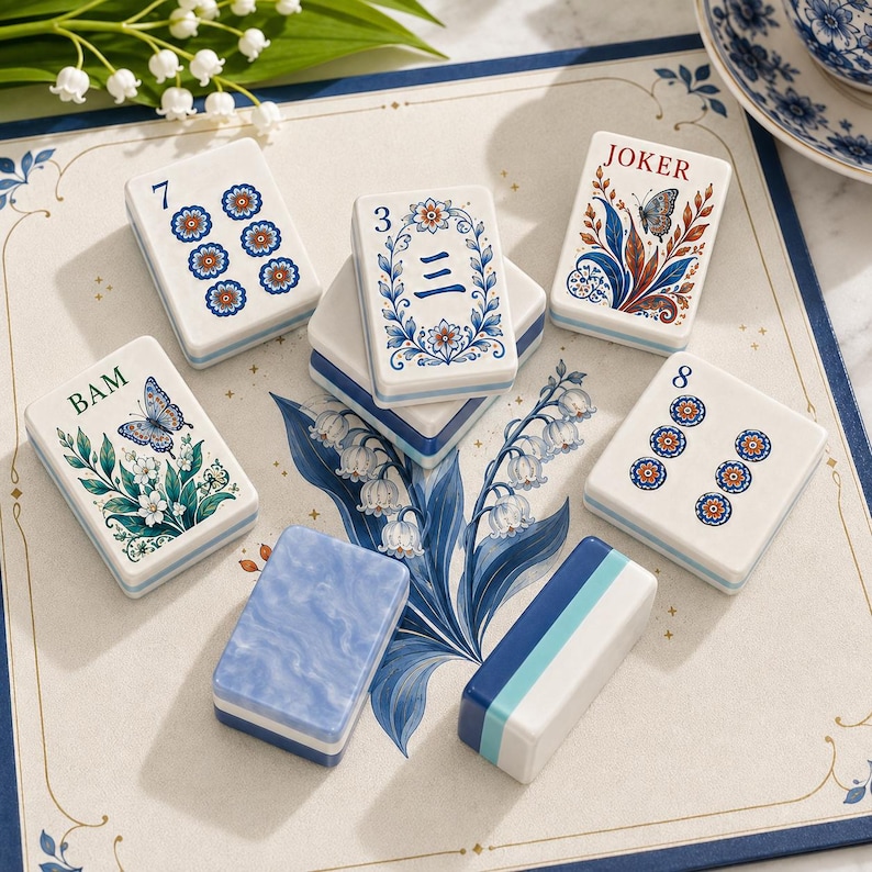 May include: A set of rectangular Mahjong tiles featuring white surfaces with blue, green, and orange floral and butterfly illustrations. Some tiles display the numbers 3, 7, and 8, the word JOKER, or the text BAM, while others show blue marble or striped patterns.
