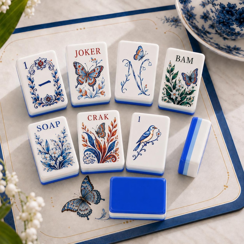 May include: A set of white rectangular Mahjong tiles featuring blue, red, and green botanical and butterfly illustrations. The tiles display text including JOKER, BAM, SOAP, and CRAK, alongside numerical markings and a blue bird on a branch.