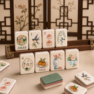 May include: A set of off-white Mahjong tiles featuring colorful illustrations of birds, flowers, fruit, and vases. Some tiles display numbers and text including JOKER and CRAK. The tiles are arranged on a dark wooden rack with decorative metal corners.