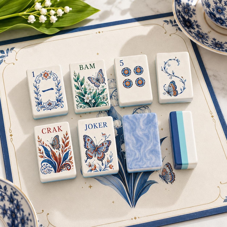May include: A set of eight rectangular mahjong tiles featuring white surfaces with blue, green, and red printed designs. The tiles display various illustrations including butterflies, floral patterns, the number 5, and the text 1, BAM, CRAK, and JOKER.