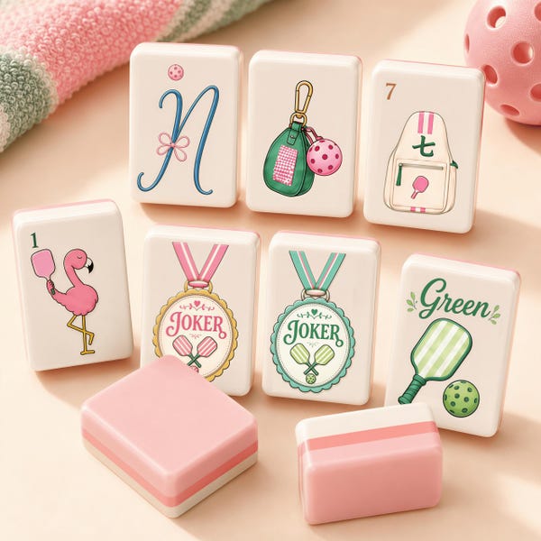 Könnte beinhalten: Ein Set aus weißen, rechteckigen Mahjong-Spielsteinen mit bunten Illustrationen von einem Flamingo, Pickleball-Schlägern, Medaillen und Taschen. Einige Steine zeigen den Text Joker, Green und die Zahl 7. Zwei einfarbige rosa Steine liegen im Vordergrund.