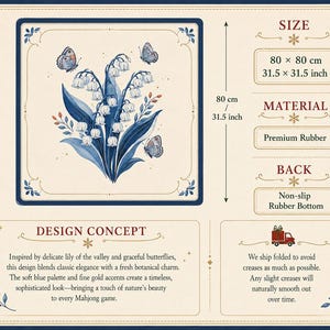 May include: A square rubber mat measuring 31.5 by 31.5 inches, featuring a central illustration of lily of the valley flowers and three butterflies in shades of blue and gold. The mat has a non-slip rubber bottom and a cream-colored background.