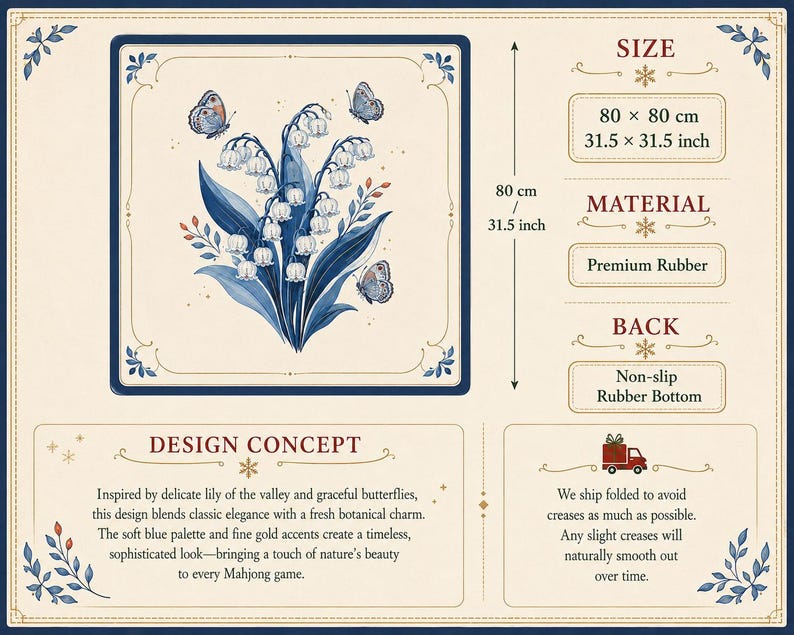 May include: A square rubber mat measuring 31.5 by 31.5 inches, featuring a central illustration of lily of the valley flowers and three butterflies in shades of blue and gold. The mat has a non-slip rubber bottom and a cream-colored background.