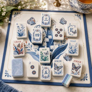 May include: A set of rectangular mahjong tiles featuring blue and white floral patterns, butterflies, and text including 'CRAK', 'BAM', 'SOAP', and 'JOKER'. The tiles are arranged on a matching mat decorated with lily of the valley illustrations.