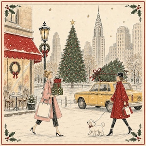May include: A festive illustration of a snowy New York City street scene featuring a large Christmas tree, a yellow taxi with a tree on its roof, and two figures walking. One figure carries stacked gifts and a shopping bag, while the other walks a white dog.