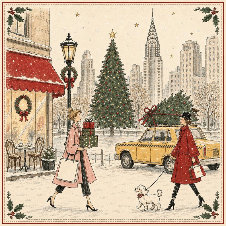 May include: A festive illustration of a snowy New York City street scene featuring a large Christmas tree, a yellow taxi with a tree on its roof, and two figures walking. One figure carries stacked gifts and a shopping bag, while the other walks a white dog.