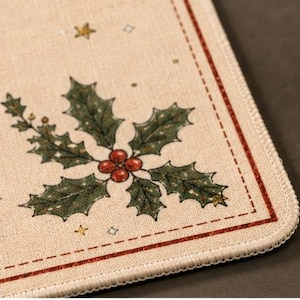 May include: A rectangular beige placemat with a textured fabric appearance, featuring a central illustration of green holly leaves and red berries. The border consists of a dashed red line and a solid red frame, accented by small gold stars.