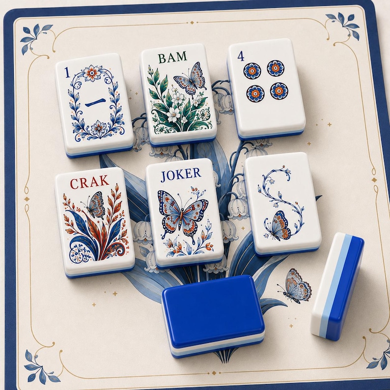 May include: A set of rectangular Mahjong tiles featuring white surfaces with blue, red, and green floral and butterfly illustrations. The tiles display text including 1, BAM, 4, CRAK, and JOKER, arranged on a cream-colored board with blue borders.