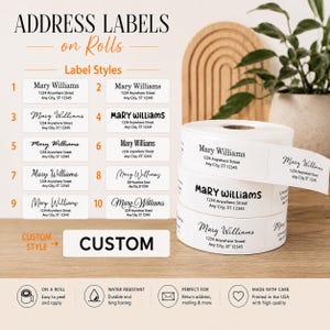 May include: White rectangular address labels on a roll, featuring ten distinct font styles for the name Mary Williams and a sample address. The labels are displayed alongside a numbered list of styles and icons indicating features like water resistance.