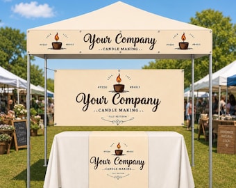 May include: A cream-colored pop-up canopy tent featuring a large banner and table runner. The text Your Company CANDLE MAKING and a candle icon are printed on the canopy valance, the central banner, and the table runner.